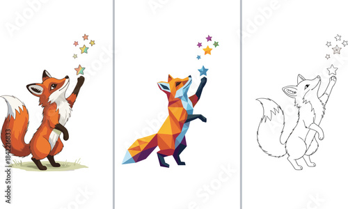 Cute Cartoon Fox Mascot Reaching for Magical Stars Vector Illustration - Ambition, Goal, Dream, and Success Concept