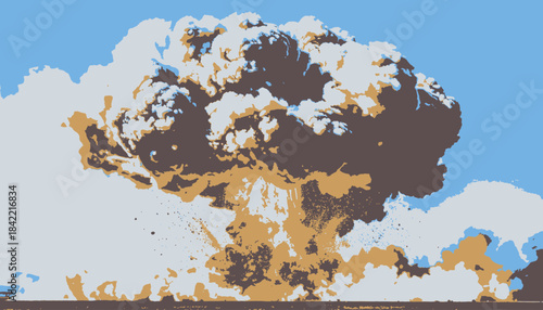 A stylized illustration depicting a large, mushroom-shaped cloud against a light blue backdrop