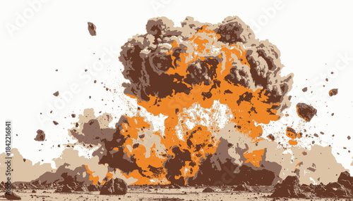 A stylized explosion, featuring shades of brown, beige, and orange with a light-colored background