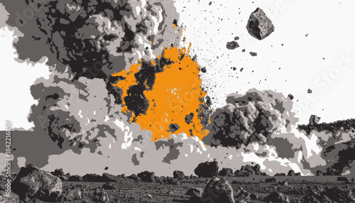 Abstract depiction of an explosion. Voluminous clouds and debris in gray and orange hues
