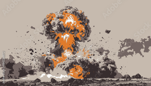 A stylized illustration capturing a massive explosion of fire, earth, and debris against a neutral backdrop