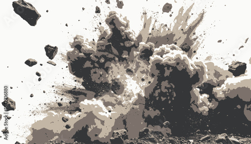 An abstract depiction of an explosion with large rocks and debris rising into the air