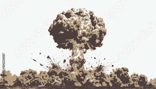 Stylized illustration of a mushroom cloud rising after a ground level explosion against a white background