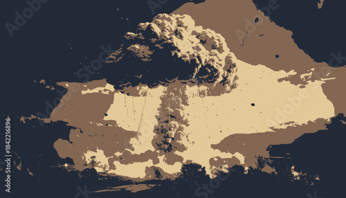A stylized illustration depicting a large, mushroom-shaped cloud against a muted background