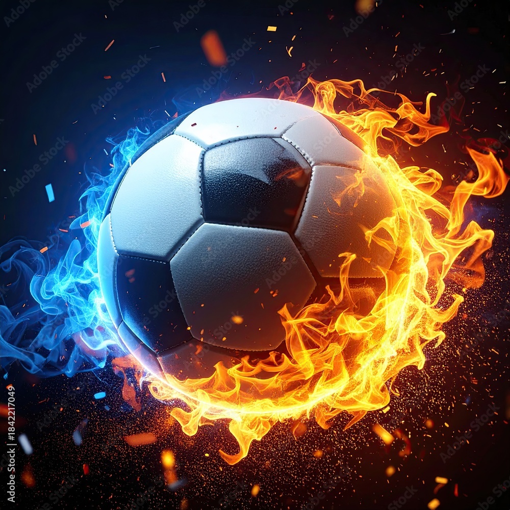 Fototapeta premium Fiery soccer ball, surrounded by blue and orange flames, sparks, and a dark background
