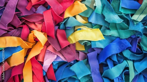 T-shirts cut into strips for rag making, colorful pile, real objects, simple recycling