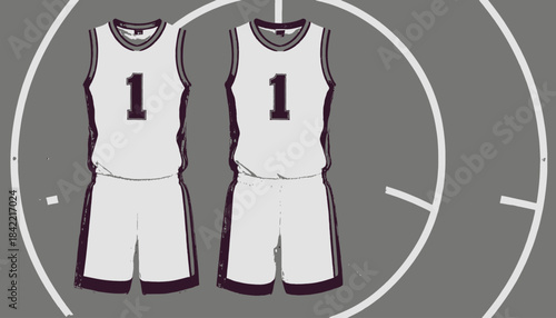 Illustration of two basketball uniforms with the number one in the center, on a grey court