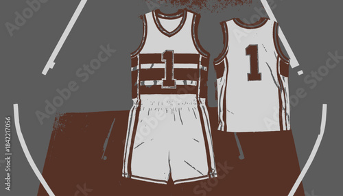 Illustration of a basketball uniform, viewed from the front and back, on a textured backdrop