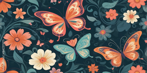 Vector seamless floral pattern with butterflies, nature illustration for spring and summer textile design, wallpaper, and fabric texture