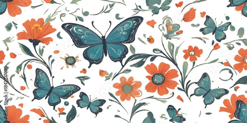 A beautiful colorful butterfly and flower seamless vector pattern for spring and summer nature illustration design