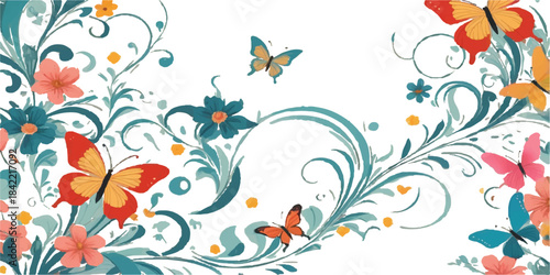 Seamless vector floral pattern with butterflies and leaves, an abstract spring design for decoration and wallpaper
