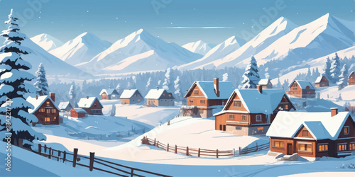 A snowy alpine mountain landscape with a small house is perfect for ski travel during the cold winter season