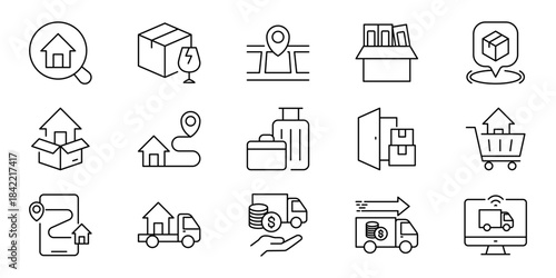 Vector Line Icons for Moving, Delivery, and Logistics Services, Featuring Relocation, Shipping, Home Search, and Online Tracking Solutions