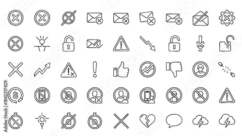 Modern black line art icon set for user interface design representing errors warnings and alerts