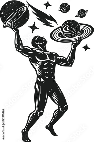 Muscular figure holding celestial bodies in a representation of strength and the universe