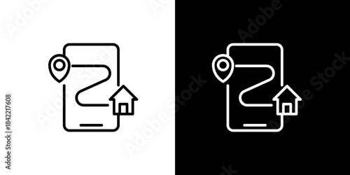 Line art icon of a mobile phone displaying a detailed route map leading to a house, symbolizing navigation, delivery, and location services for modern digital convenience