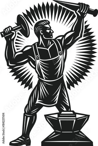 A strong blacksmith or metalworker in an apron holding a hammer and chisel over an anvil