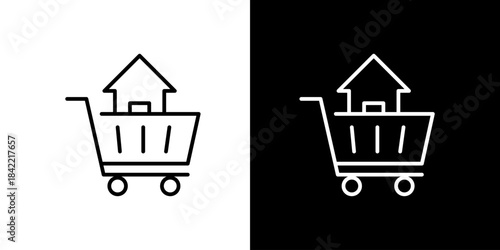 Shopping cart with house icon, representing real estate purchase or home goods delivery services