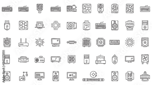Modern computer hardware and electronic device line art icons collection representing digital technology components and peripherals