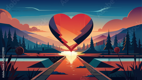 Heart shaped sunset over reflecting water and mountains