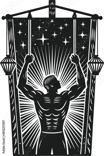 A strong man pulling a banner revealing the starry night, symbolizing strength and effort
