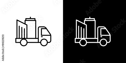 Outline icon of a commercial truck transporting city buildings, symbolizing urban development, construction logistics, and architectural relocation services