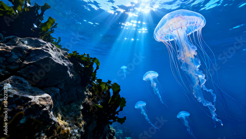 Jellyfish swimming in deep blue ocean water near sunlit surface and rocky kelp forest environment marine life underwater photography ethereal glow translucent creatures vibrant aquatic scene natural b