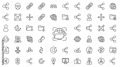 Modern digital technology and data networking line icons set illustrating global connectivity and social interaction