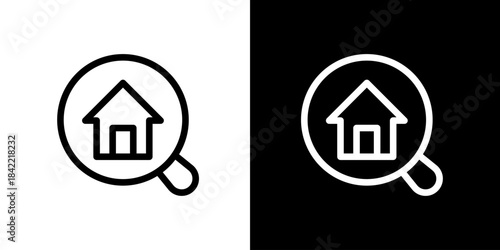 Magnifying glass over a house symbol icon indicating search for property or real estate services