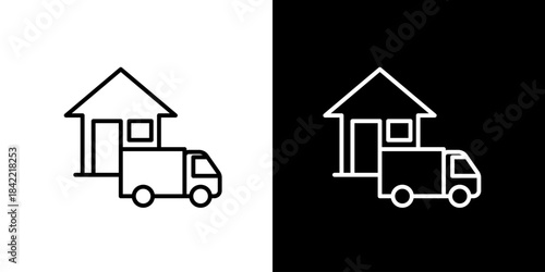 Vector Line Icon of a Moving Truck Transporting a House, Symbolizing Home Relocation, Logistics, Property Transfer, and Delivery Services