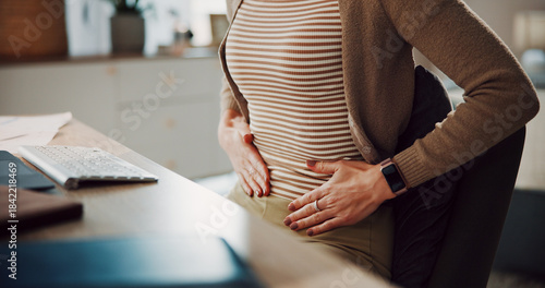 Quadro su tela Hands, stomach ache or woman in home office with pain, menstrual cramps or gas with remote work