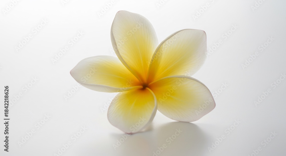 Fototapeta premium Delicate white frangipani bloom softly glowing under gentle studio light creating a peaceful minimalist aesthetic. AI Generated
