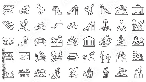 Modern line art vector icon set showcasing park and outdoor leisure activities for web and print design