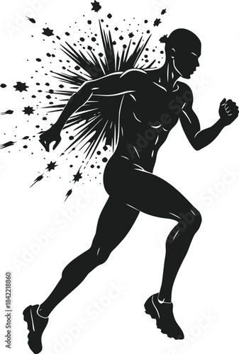 Black silhouette of a powerful runner in motion, symbolizing speed and determination