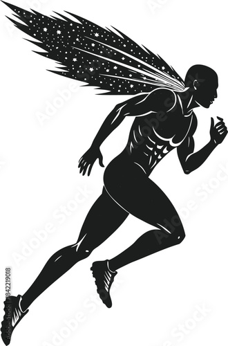 A dynamic silhouette of a sprinter with a wing made of stars symbolizing speed and cosmic power