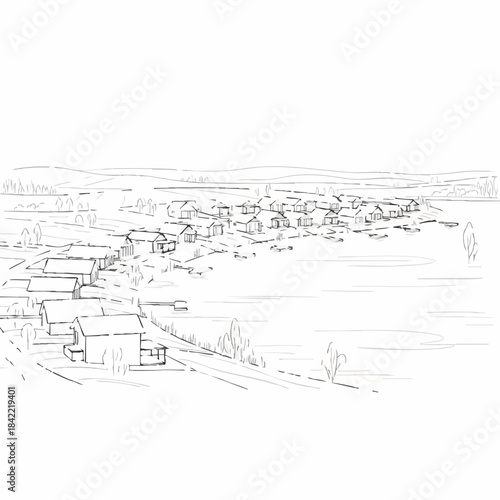 Serene Village Sketch: A charming village scene depicted in a delicate sketch, showcasing the tranquility of rural living and the harmony between architecture and nature.