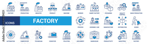 Factory icon set. Containing industry, production, machine, manufacture, warehouse, fabrication, goods and more. Blue vector icons collection.