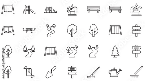 Modern minimalist vector line icons collection illustrating park elements outdoor activities playground equipment and gardening tools