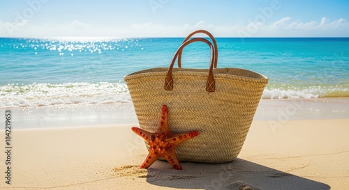 Fototapeta Naklejka Na Ścianę i Meble -  Beach Shopping Bag and Starfish on Sand with Crystal Blue Caribbean Water