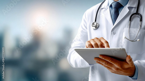 A doctor in a white coat with a stethoscope is using a tablet on a blurred background. Modern medicine, digital technologies, professionalism, and patient care.