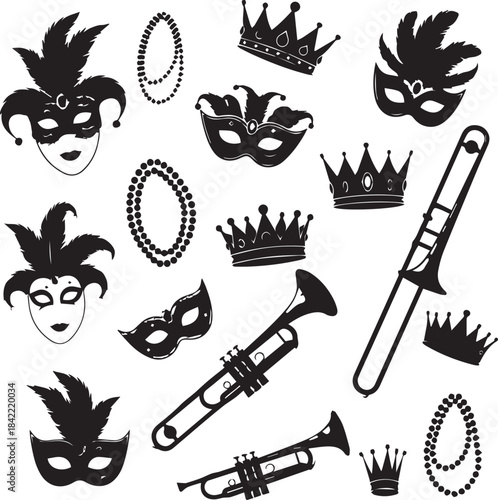 Mardi gras masquerade icons featuring masks crowns and trumpets