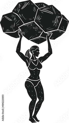 A strong woman lifts a massive weight above her head, symbolizing female strength and resilience
