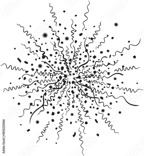 Explosion of confetti and streamers in black and white abstract design