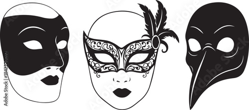 Three distinct masks including a masquerade mask and a plague doctor mask