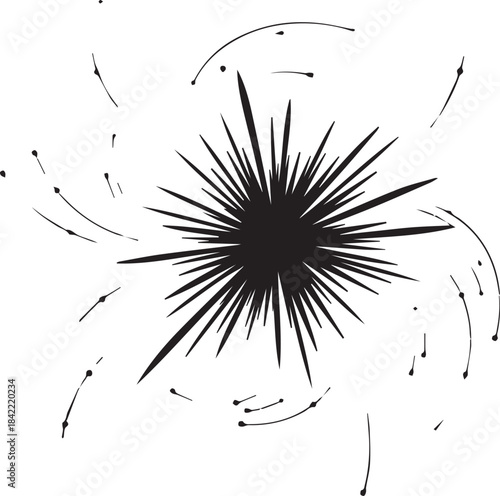 Abstract black starburst explosion with swirling trails on white background