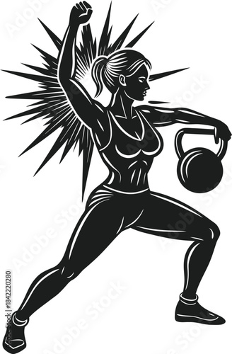 Strong woman doing fitness exercise with kettlebell in dynamic monochrome illustration