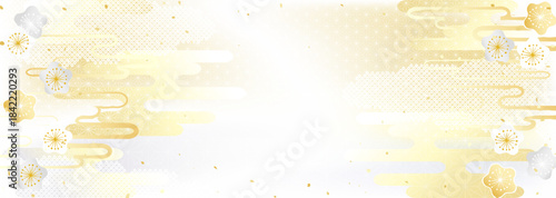 金銀の梅の花と日本のいろいろな伝統模様を組み合わせた着物のような背景イラスト