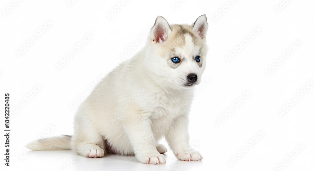 Obraz premium Charming white husky puppy with piercing blue eyes sits attentively bathed in bright clean studio light. AI Generated