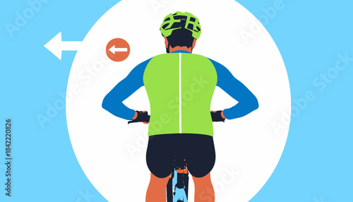 A cyclist in a green and blue outfit on a bicycle is depicted from behind with two arrows