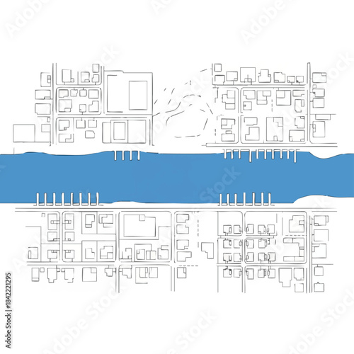 Minimalist aerial view of a city layout with a river running through the center.